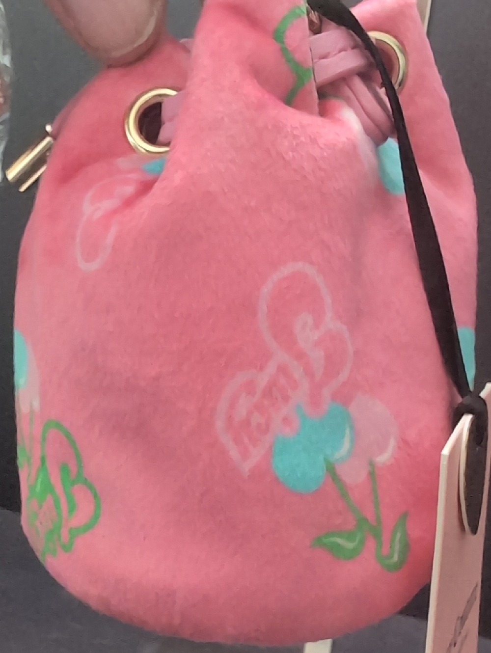 NWT,Juicy Couture Velour Micro Bag And Pouch Set In Pink with Cherry Print. - Picture 7 of 11